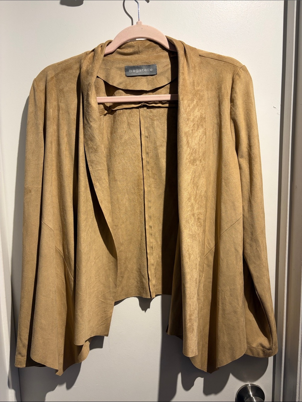 Tan Open-Front Draped Faux Suede Blazer